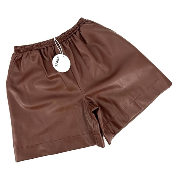 STAUD Clark Faux Vegan Leather Shorts SZ XS Bark Brown - Picture 5 of 13